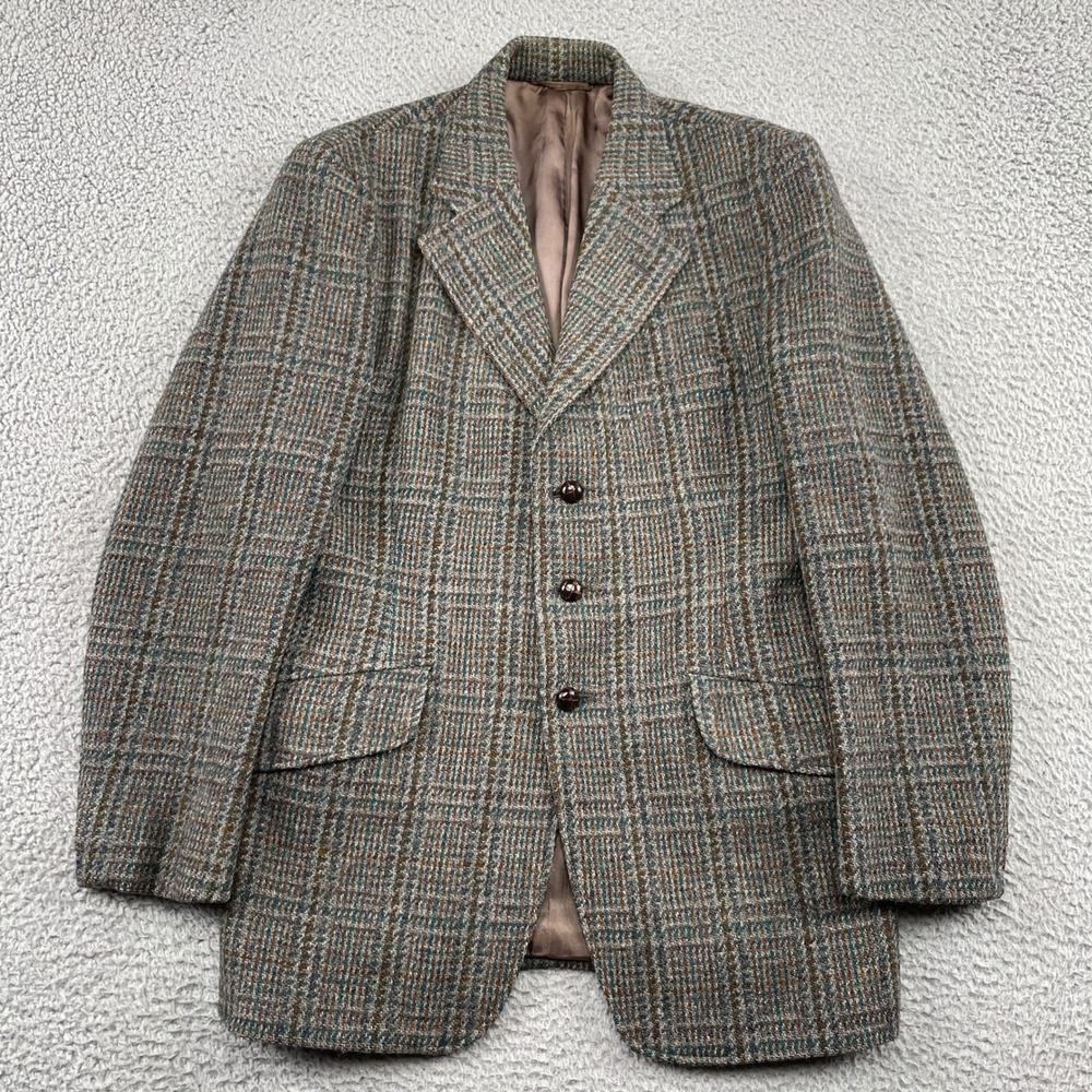 Dunn & Co Blazer Mens 38 Reg Grey Harris Tweed Wool Plaid Sport Coat 3 Button